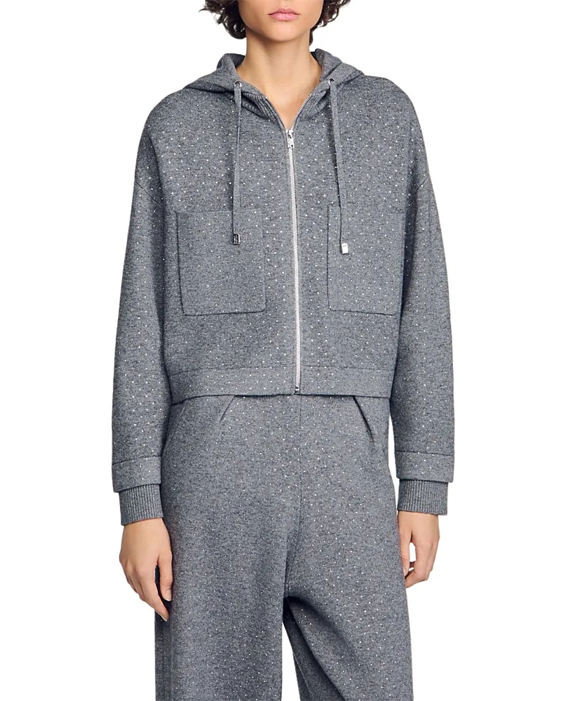 Luce Hooded Rhinestone Zip Cardigan by Sandro