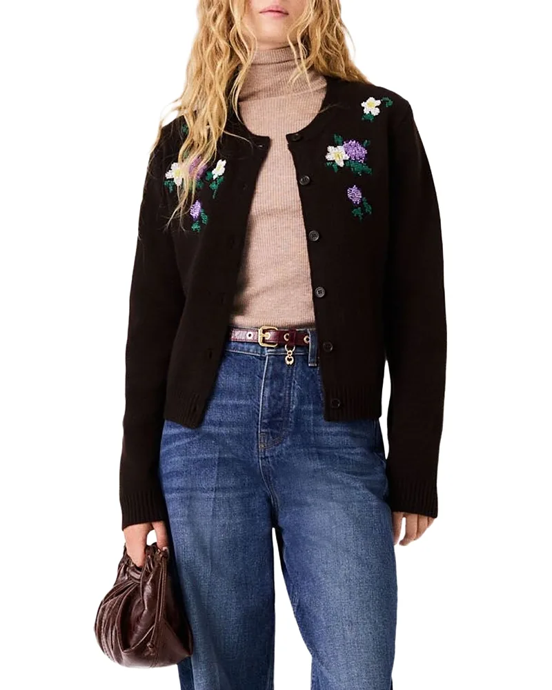 Wool Blend Floral Embroidered Cardigan Sweater by Maje
