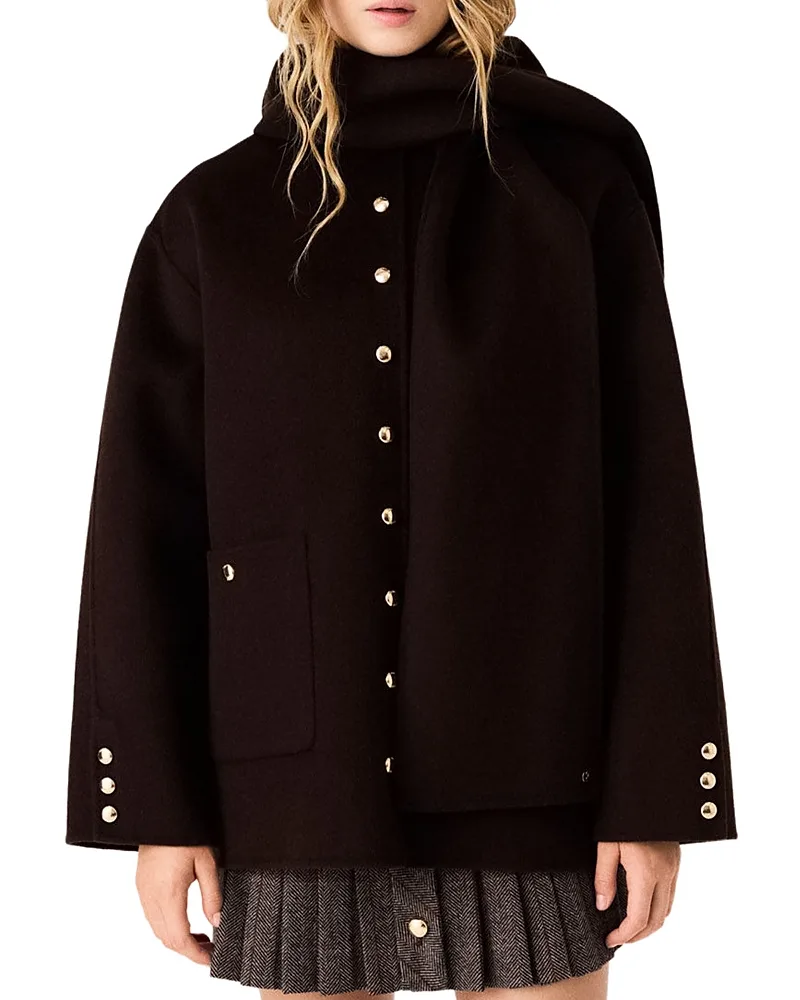 Wool Blend Hooded Long Sleeve Jacket by Maje