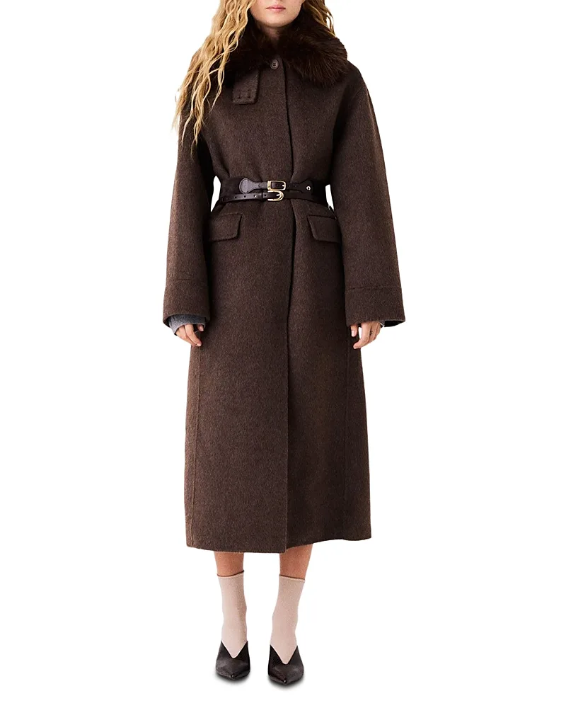 Wool Blend Faux Fur Collar Coat by Maje