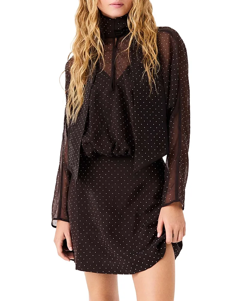 Rhinestone Tie Neck Long Sleeve Mini Dress by Maje