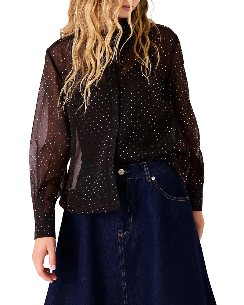 Rhinestone Embellished Button Front Shirt by Maje