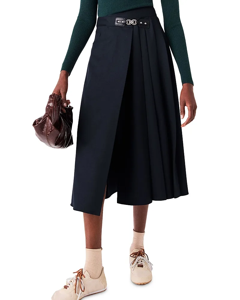 Buckle Trim Pleat Front Midi Skirt by Maje