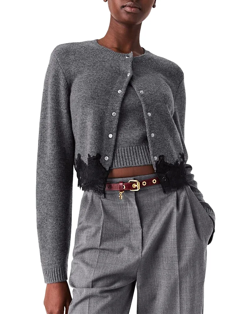Midentelle Lace Trim Wool Cardigan & Shell by Maje