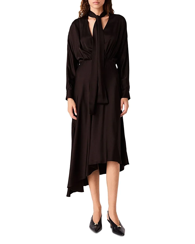 Tie Neck Asymmetric Satin Midi Dress by Maje