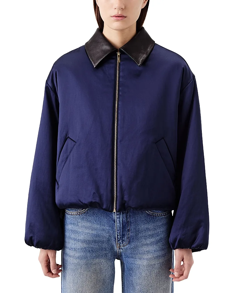 Zippered Leather Collar Bomber Jacket by Tresse