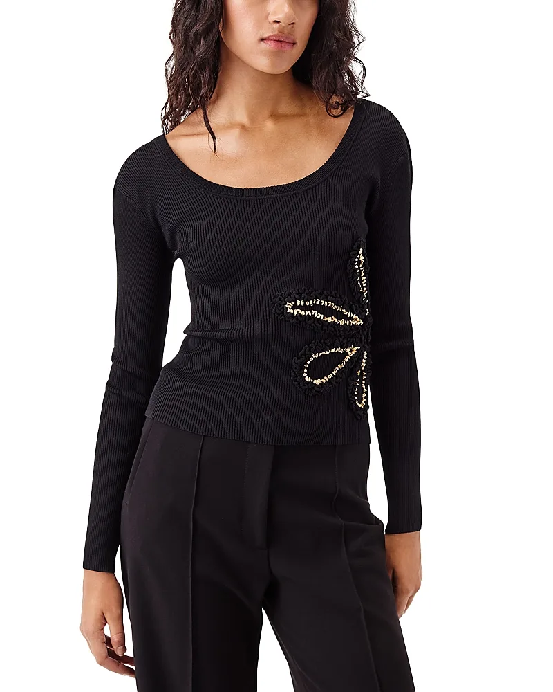 Long Sleeve Knit Beaded Floral Top by Tresse