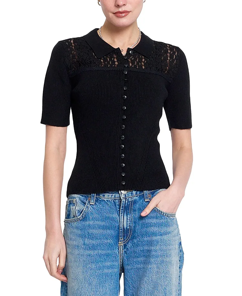 Scarlet Lace Combo Button Up Sweater by Central Park West