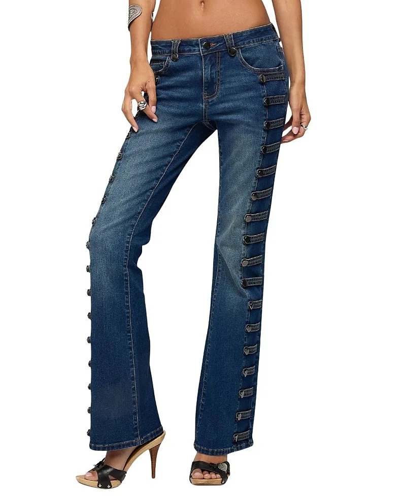 Button Loop Low Rise Dark Rinse Wash Bootcut Jeans by Edikted