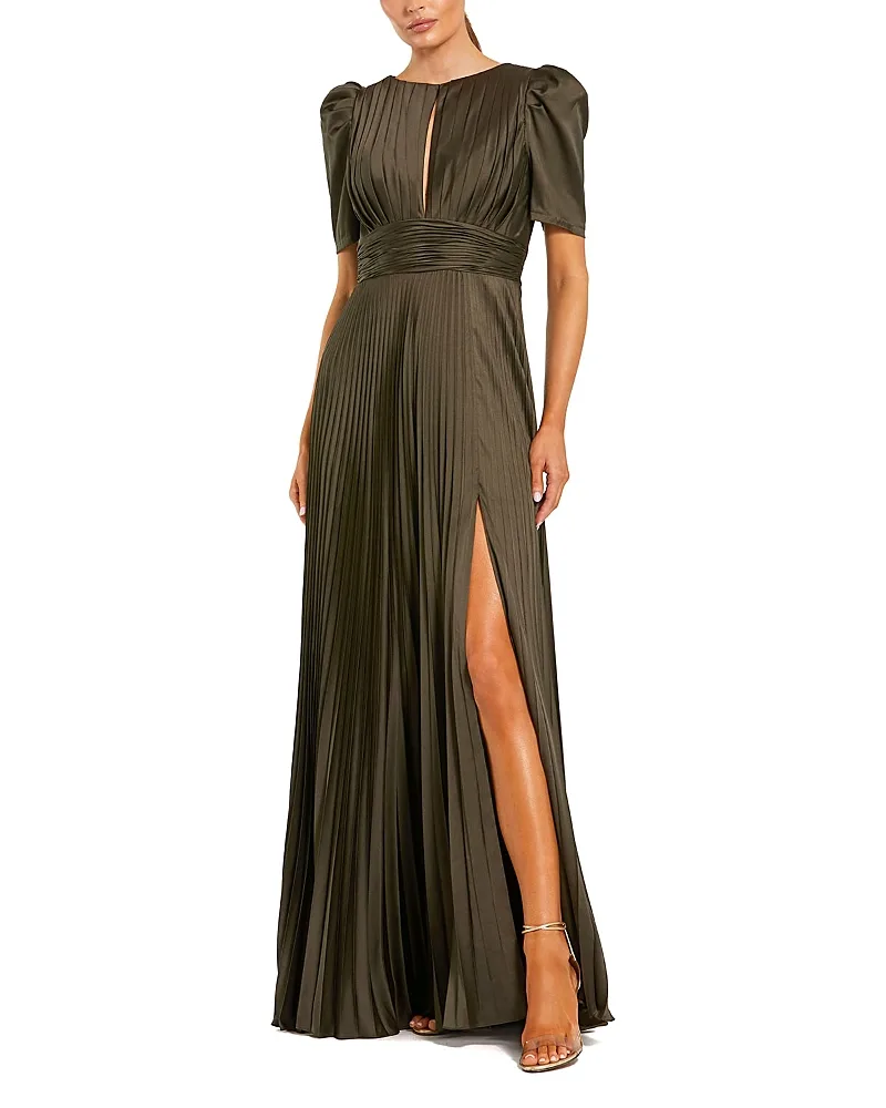 Mac Duggal Short Sleeve Pleated Evening Gown with Slit