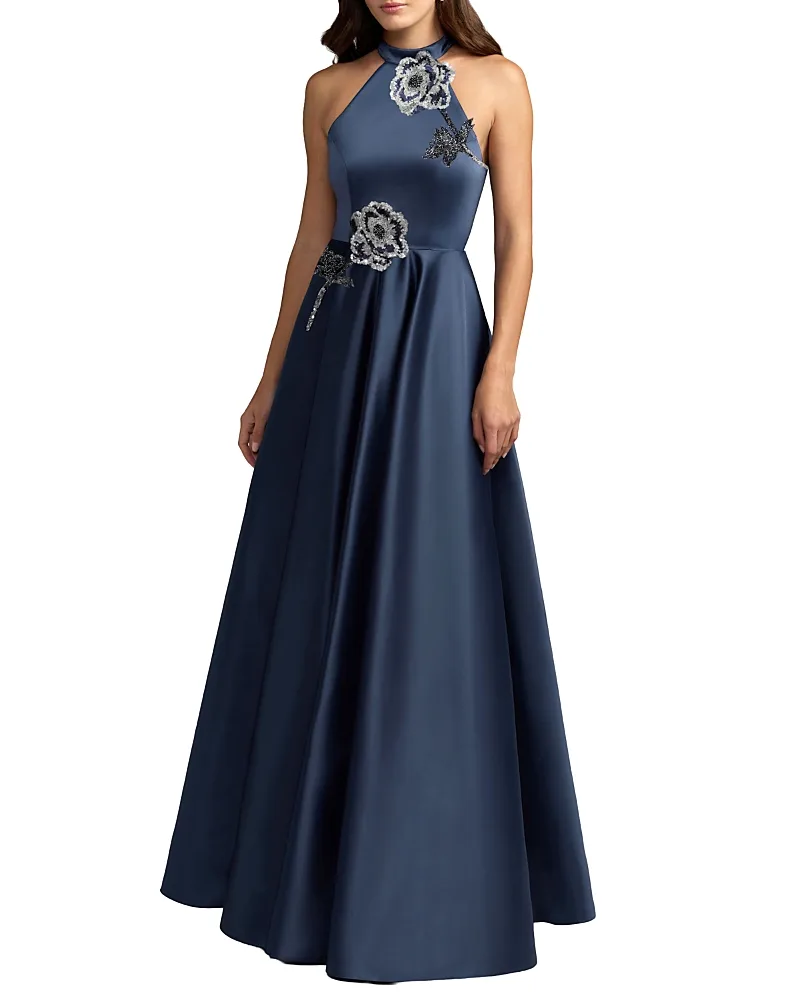 Mac Duggal Satin Sleeveless Floral Detail a Line Gown by M.A.C.