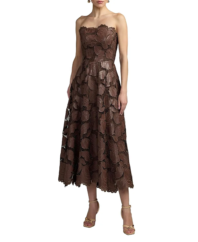 Mac Duggal Strapless Floral Leather A-Line Midi Dress by M.A.C.