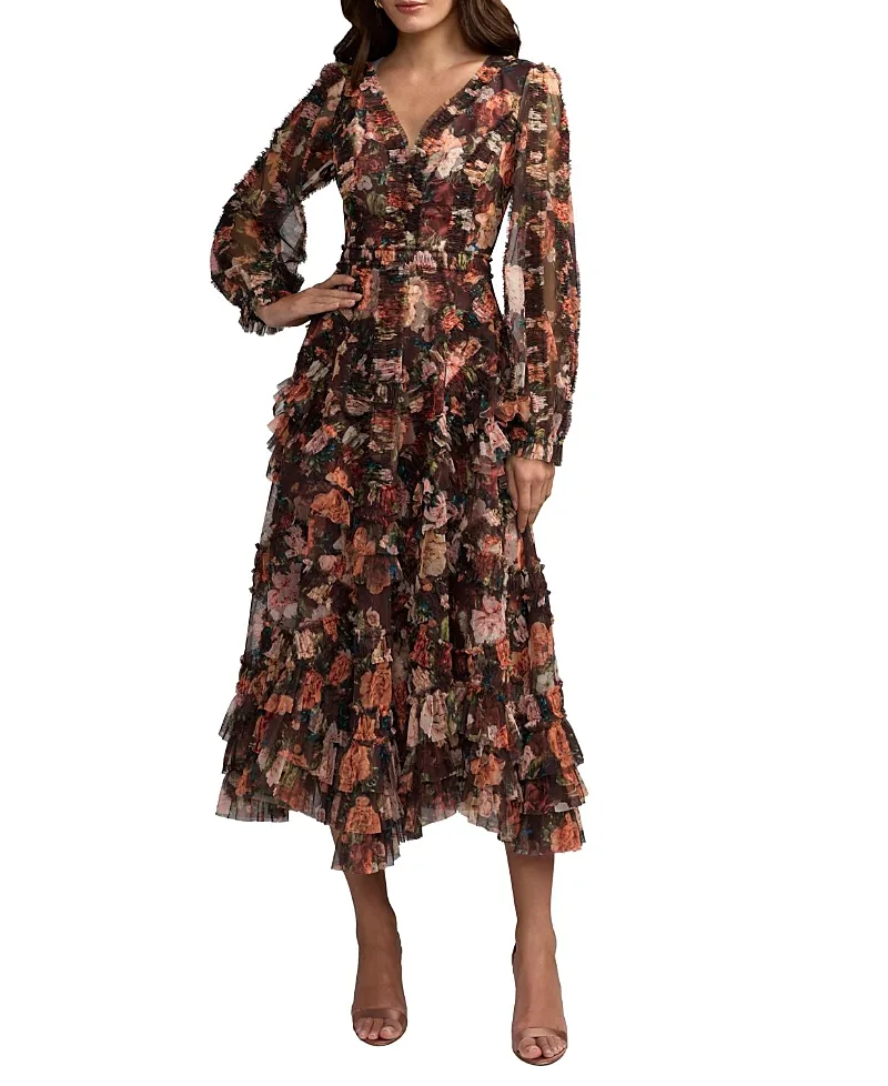 Mac Duggal Floral Long Sleeve Micro Ruffle Midi Dress by M.A.C.