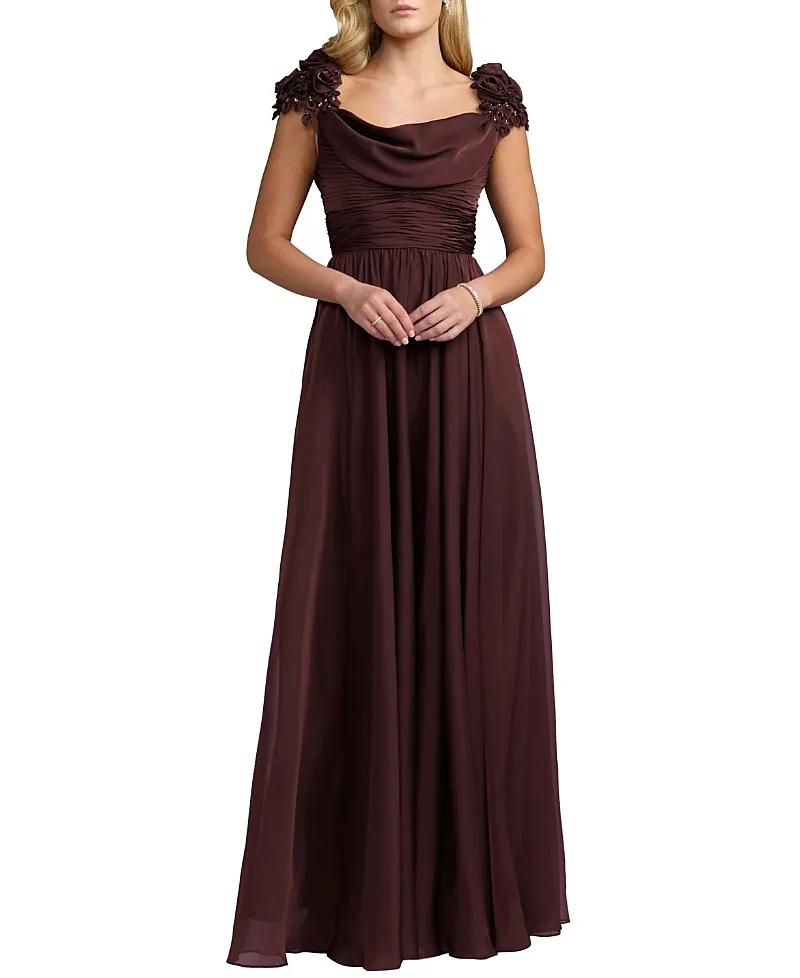 Mac Duggal Chiffon Cowl Neck Embellished Cap Sleeve Gown by M.A.C.