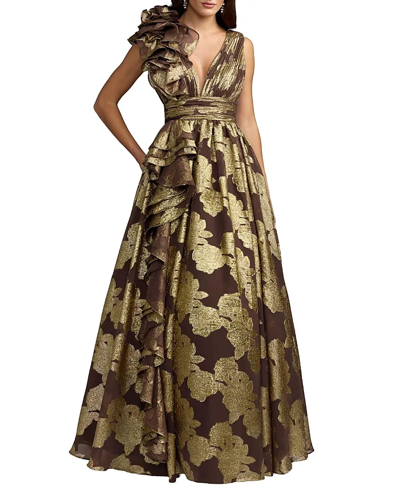 Mac Duggal Metallic V-Neck Ruffle Detail Ball Gown by M.A.C.