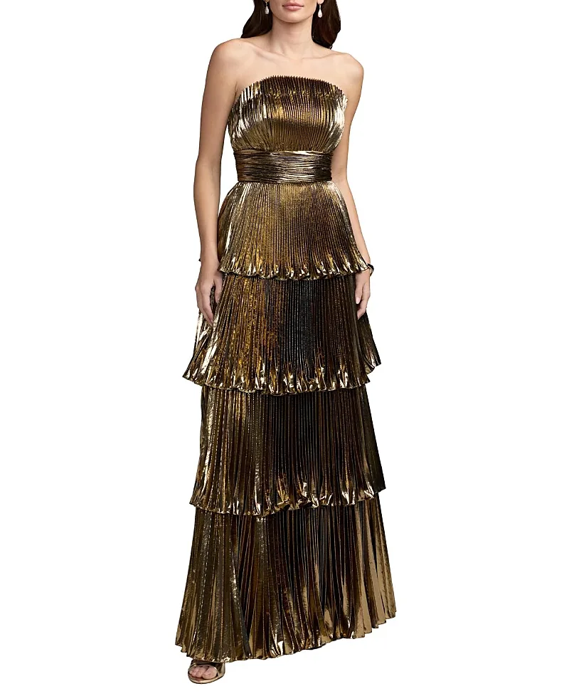 Mac Duggal Strapless Pleated Metallic Layered High Low Gown