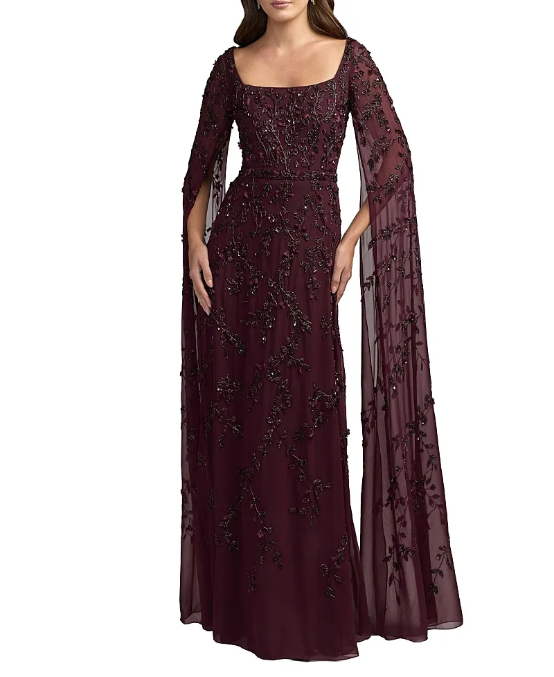 Mac Duggal Beaded Georgette Square Neck Cape Sleeve Gown by M.A.C.