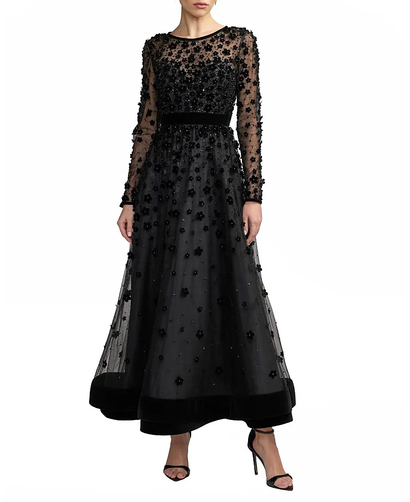 Mac Duggal Velvet Floral Applique Midi Dress by M.A.C.
