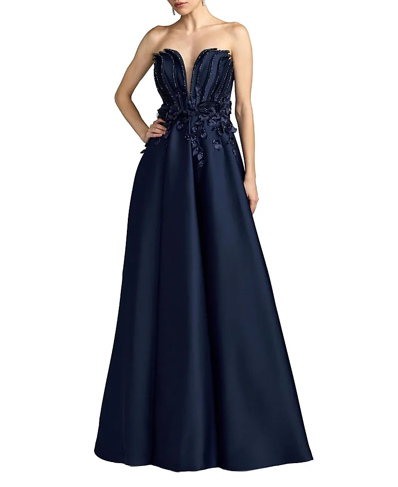 Mac Duggal Strapless Satin Floral Beaded Embellished Ballgown by M.A.C.