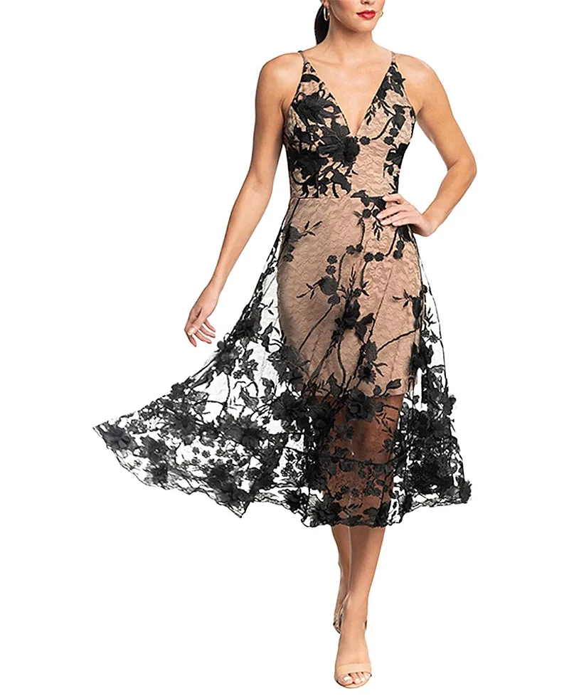 Audrey 3D Floral Embroidered V-Neck Dress