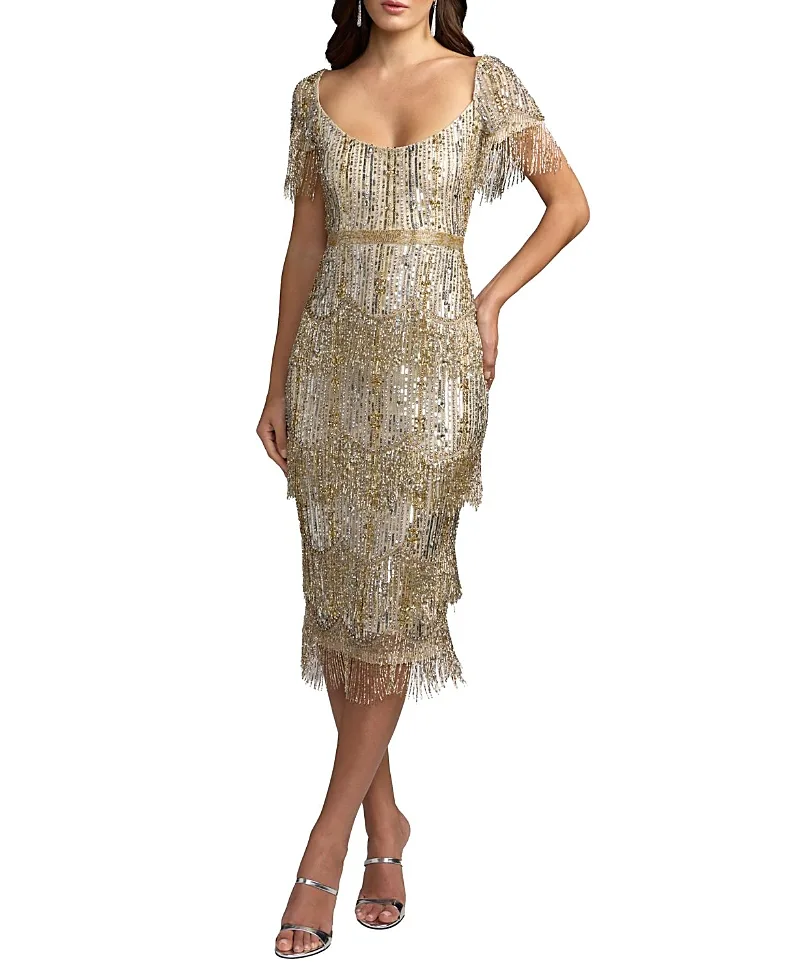 Mac Duggal Short Sleeve Scoop Neck Fringe Beaded Dress