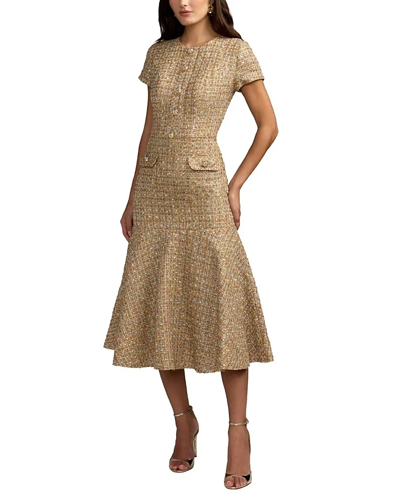 Mac Duggal High Neck Short Sleeve Boucle Midi Dress by M.A.C.