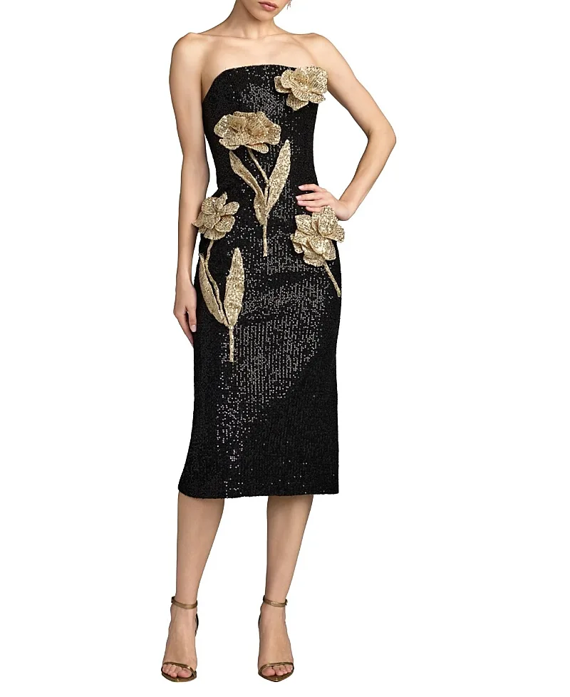 Mac Duggal Strapless Fitted Sequin Midi Dress with 3D Flowers by M.A.C.