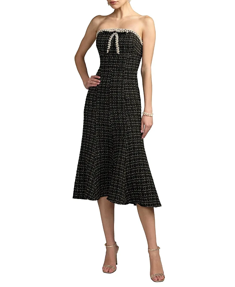 Mac Duggal Boucle Strapless a Line Midi Dress with Bow Detail by M.A.C.