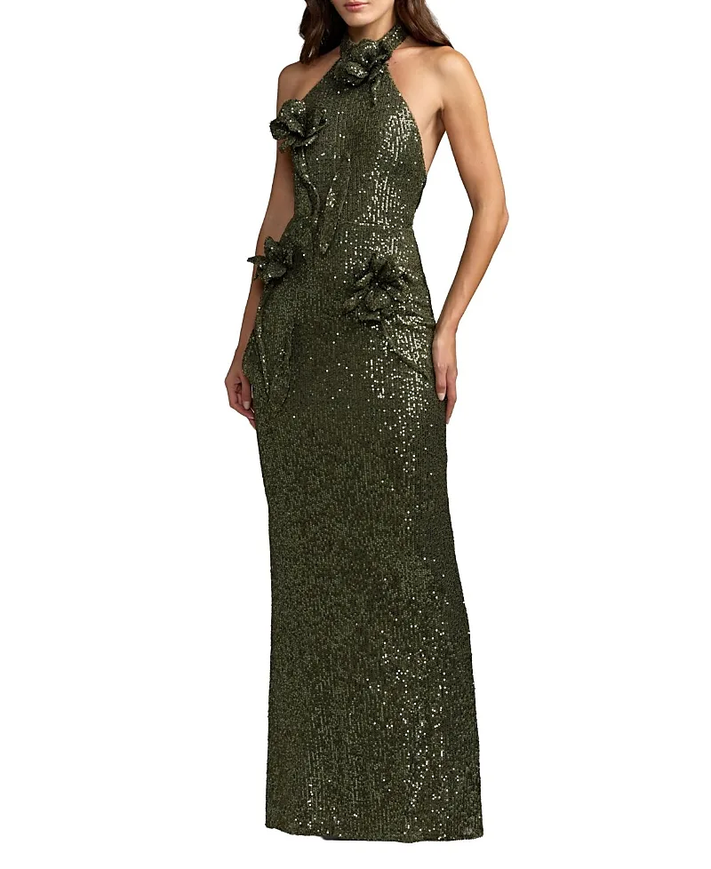 Mac Duggal Halter Neck Sequin 3D Flower Column Gown by M.A.C.