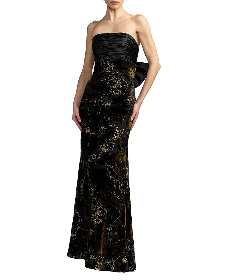 Mac Duggal Satin and Velvet Strapless Gown with Bow by M.A.C.