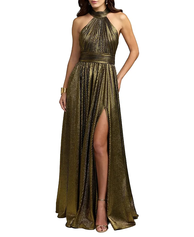 Mac Duggal Metallic Pleated Mock Neck Gown