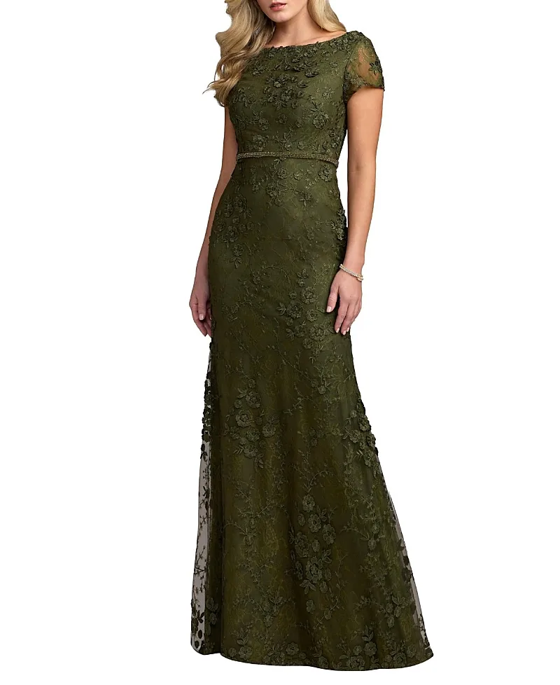 Mac Duggal Floral Applique Boar Neck Short Sleeve Gown by M.A.C.