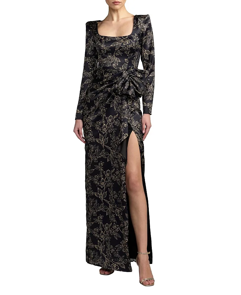 Mac Duggal Floral Printed Long Sleeve Gown with Bow by M.A.C.