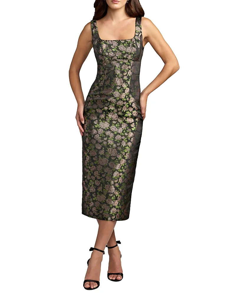 Mac Duggal Sleeveless Square Neck Fitted Brocade Midi Dress