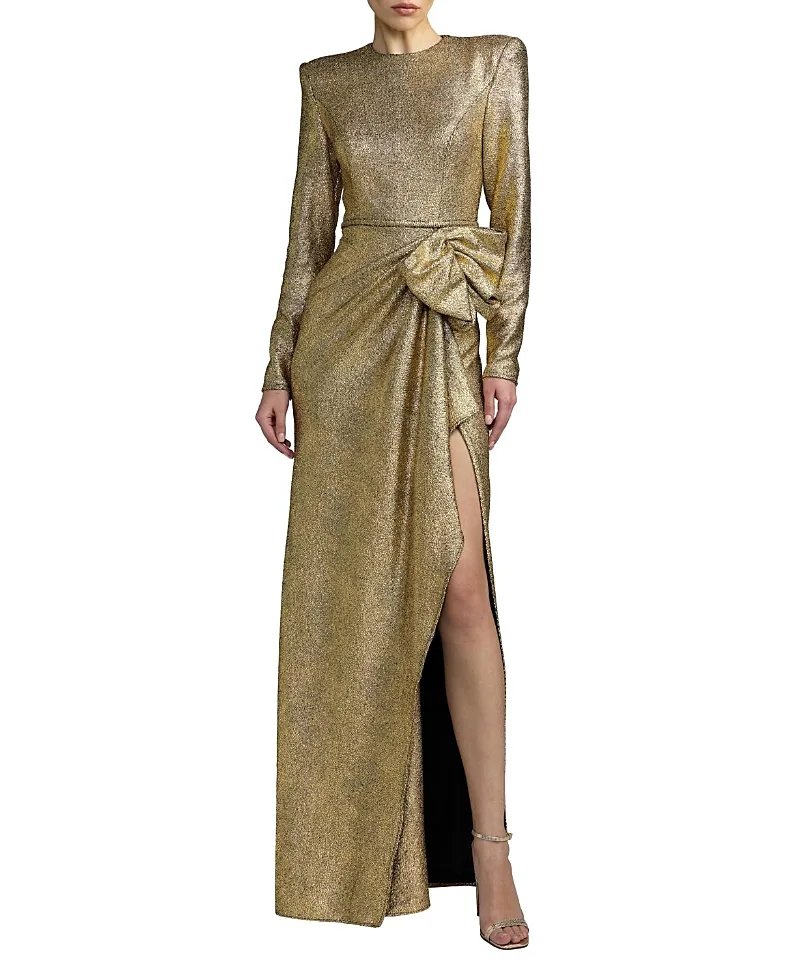 Mac Duggal Metallic Long Sleeve Structured Bow Draped Gown by M.A.C.
