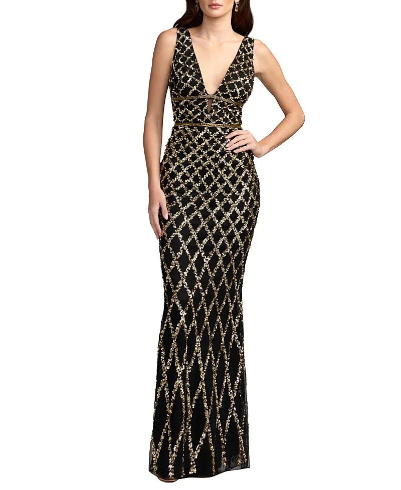 Mac Duggal Sequined Plunge Neck Sleeveless Column Gown