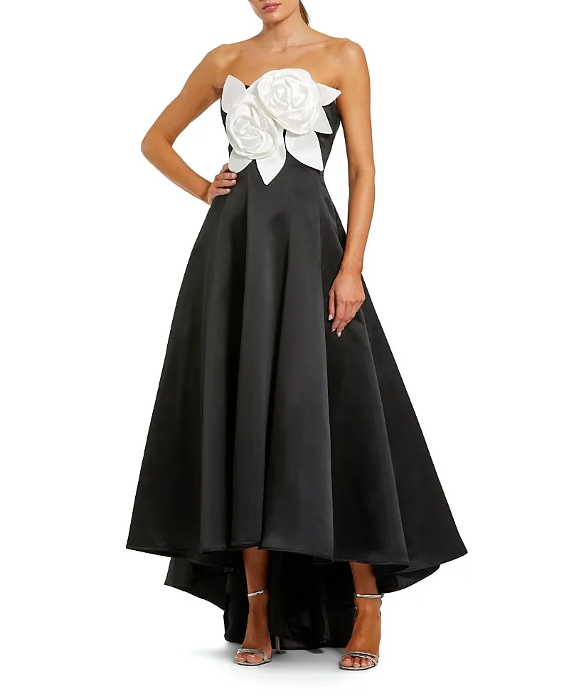 Mac Duggal Strapless Satin High Low Gown with 3D Flowers by M.A.C.