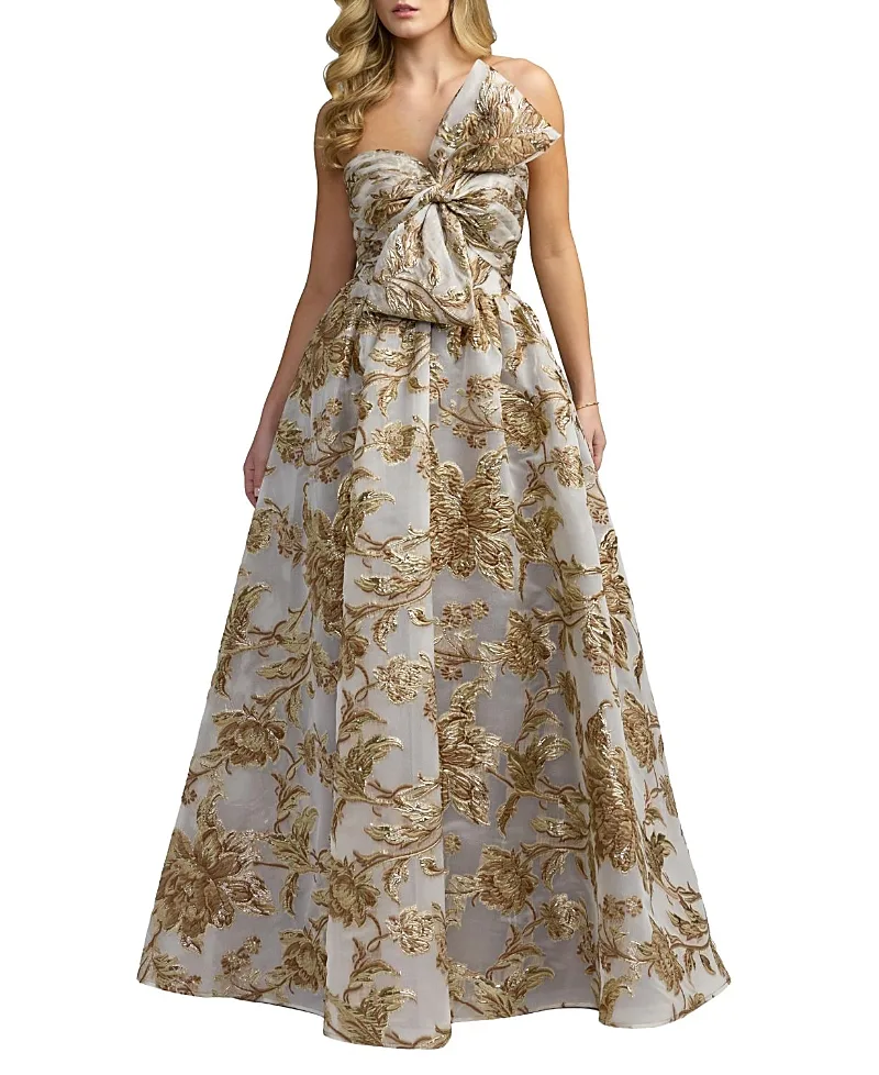 Mac Duggal Brocade Strapless Floral Gown with Bow Detail by M.A.C.