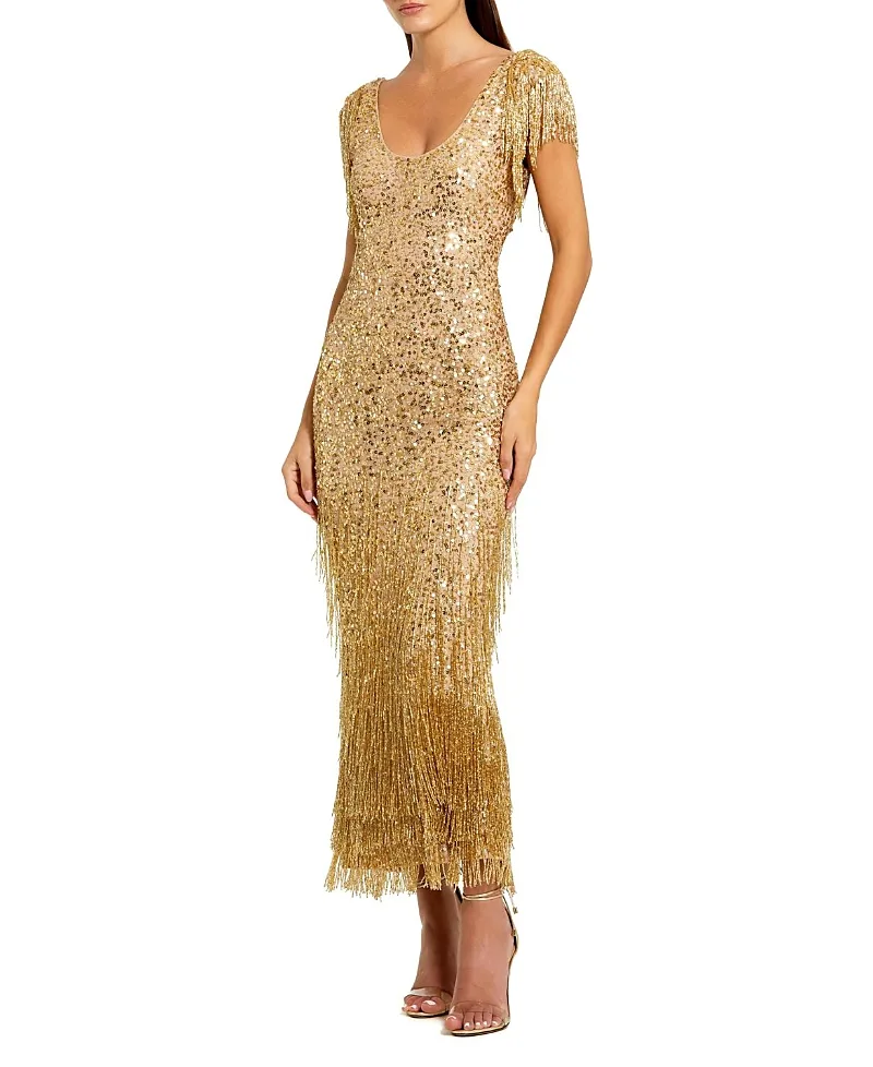 Mac Duggal Beaded Fringe Column Gown by M.A.C.