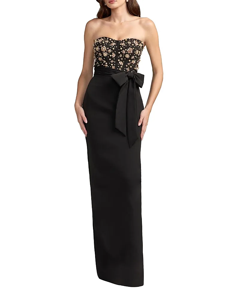 Mac Duggal Strapless Crepe Embellished Bustier Gown with Bow