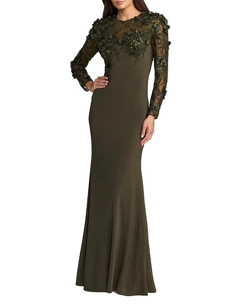 Mac Duggal Jersey Long Sleeve Fitted Gown with Floral Beading