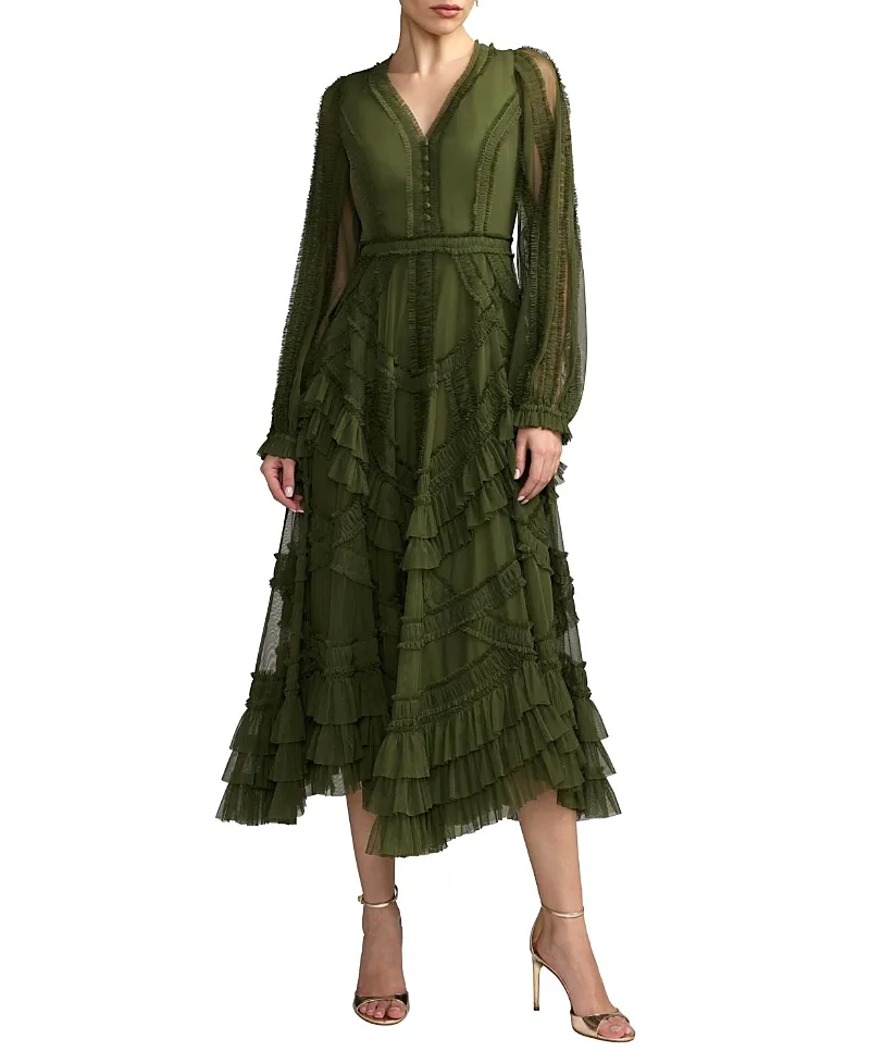 Mac Duggal Long Sleeve V Neck Mesh Micro Ruffle Midi Dress