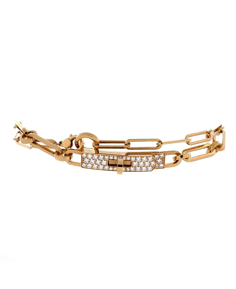 Pre-Owned Hermes Small Kelly Chaine Double Tour Convertible Bracelet 18K Gold and Pave Diamonds by Hermes