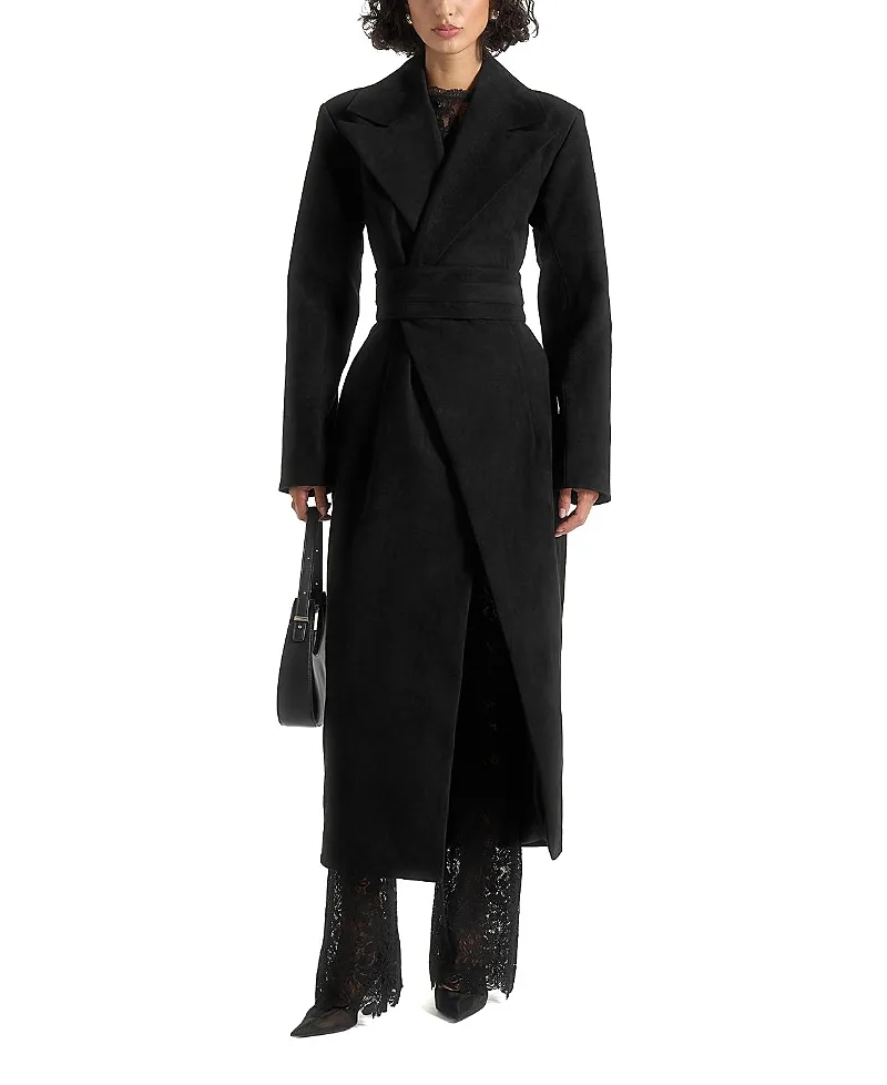 Esma Suede Asymmetric Coat with Cinch Belt by Maniere De Voir