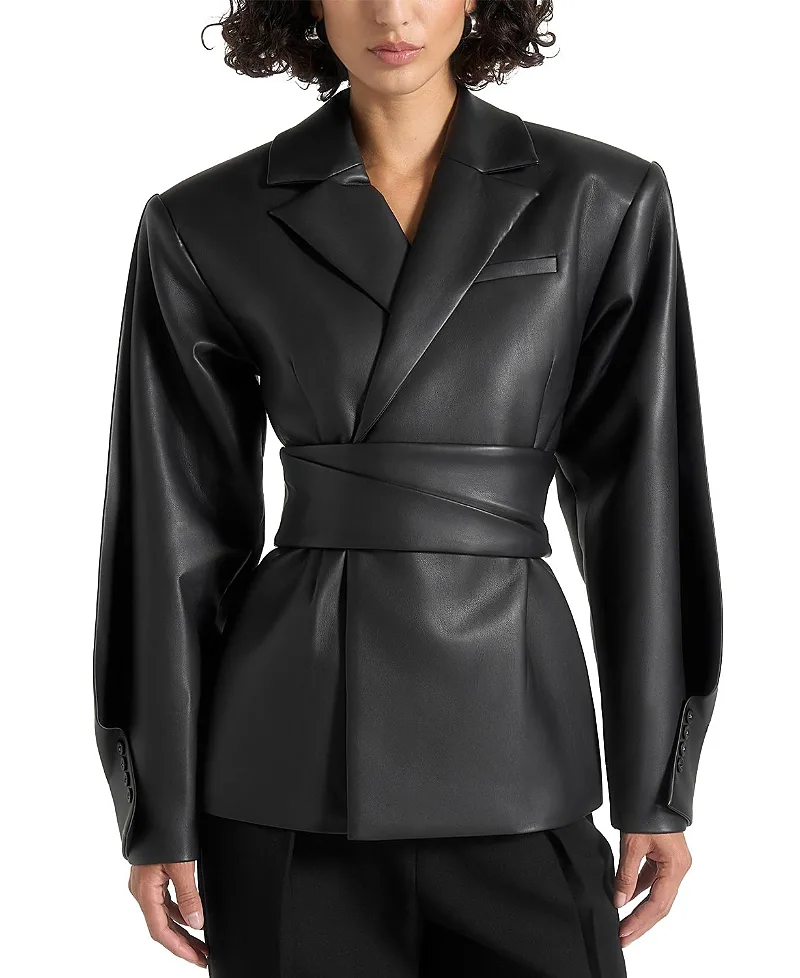 Marie Twist Sleeve Leather Blazer with Belt by Maniere De Voir