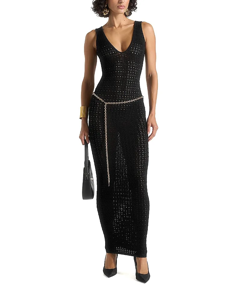 Myriam Pointelle Plunge Maxi Dress with Chain
