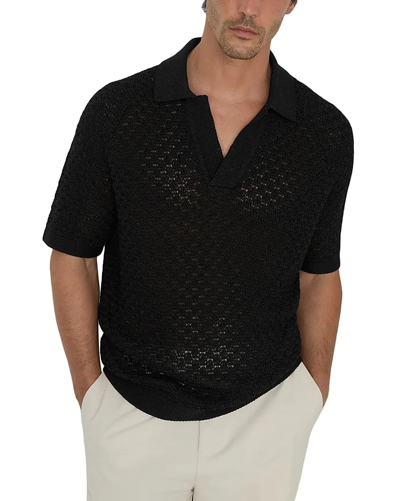 Raffarty Cotton Blend Open Collar Crochet Polo Shirt by Reiss