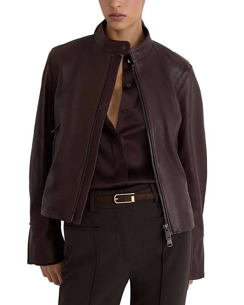 Erin Leather Stand Collar Zip Front Jacket by Reiss