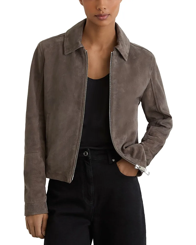 Sorina Suede Zip Front Jacket by Reiss