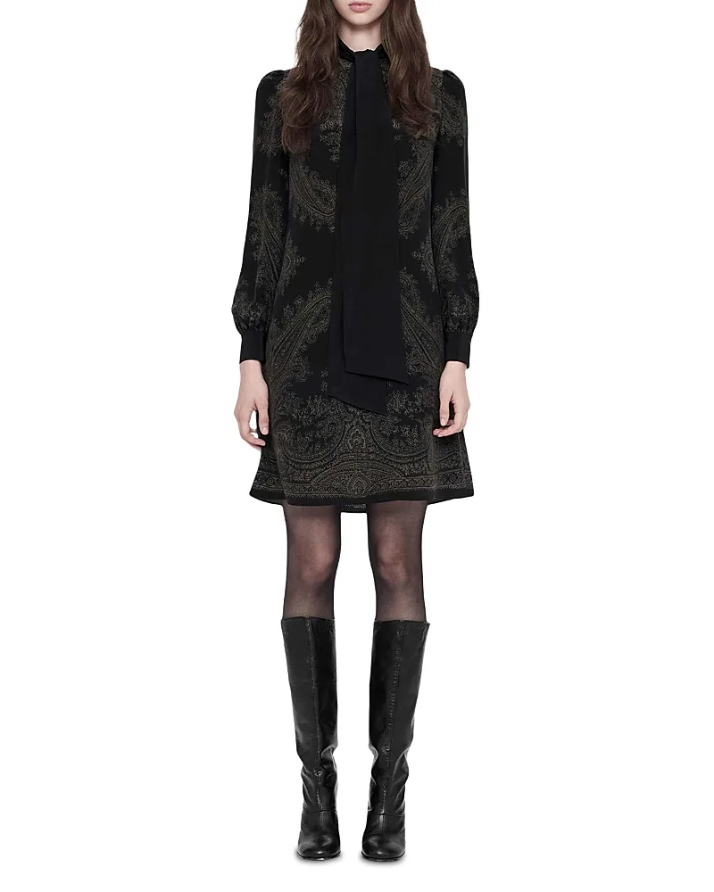Jamie Silk Tie Neck Long Sleeve Dress by AllSaints